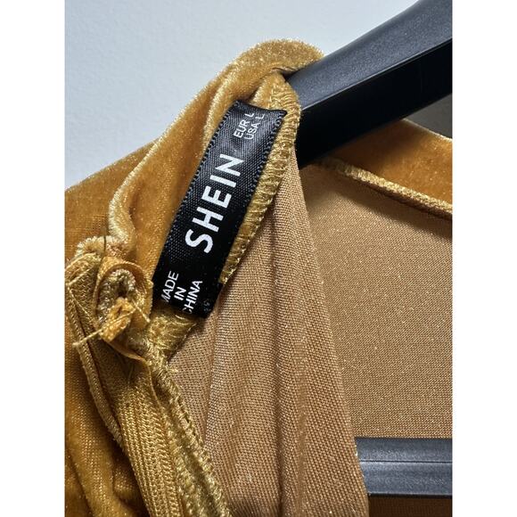 Shein Women’s Large Gold Velvet Bodycon Midi Dress Short Sleeve Stretch Back Zip - Picture 2 of 8